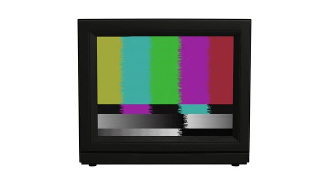Retro television screen displaying classic color bar test pattern with a static signal, evoking nostalgic broadcast interruption and a vintage media experience, a symbol of bygone technological eras