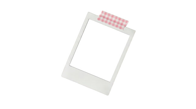Polaroid photo frame, blank instant picture template with pink gingham washi tape, vintage aesthetic paper border for scrapbooking and creative design projects isolated on Transparent Background