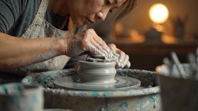 Craftsman Skillfully Shapes Clay on a Pottery Wheel, Creating Beautiful Handmade Ceramics with Precision and Focus in an Artistic Studio Environment