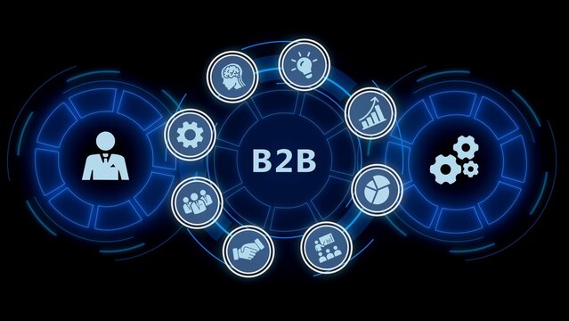 B2 b business to business concept featuring glowing blue circular interface and business on a dark background, representing corporate partnerships, and trade networks