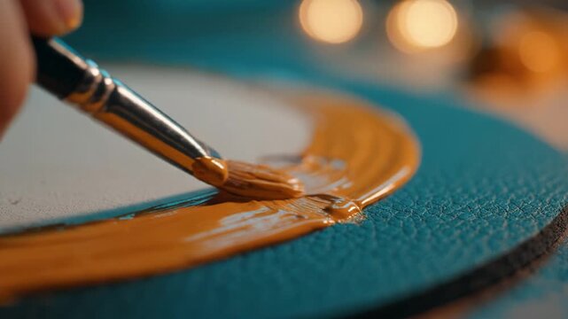 Artistic Painting in Progress: A Close-up of a Brush Applying Golden Paint on a Textured Surface with Warm Light Bokeh Background Enhancing the Creative Atmosphere