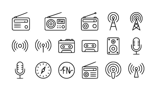 Minimal FM Radio Broadcast and Audio Line Vector Icon Collection