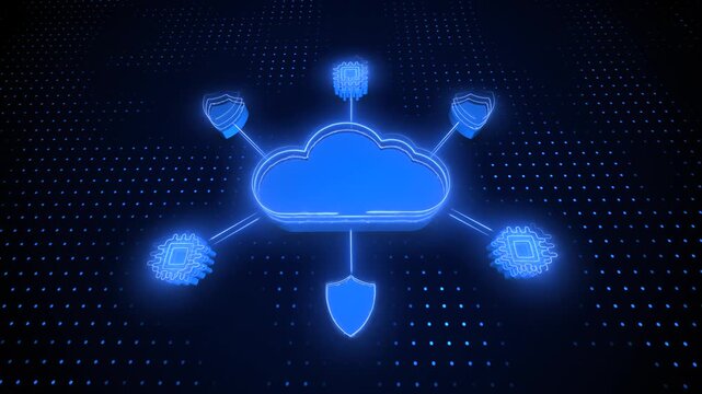 Blue glowing cloud computing concept with security shields and gear icons on dark digital background representing network data protection
