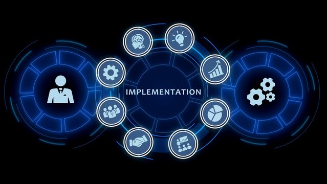 Implementation strategy visualization with glowing blue futuristic and circular data interface set against a deep black background, for corporate workflow, and project management