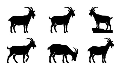Fototapeta premium Goat Silhouettes Collection, Farm Animals Vector Icons, Livestock Mammal Graphics, Rural Wildlife Set