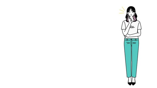 悩んでいる女性が気づいて笑顔になるイラストアニメーション・ひらめきと喜びの感情表現動画・白背景