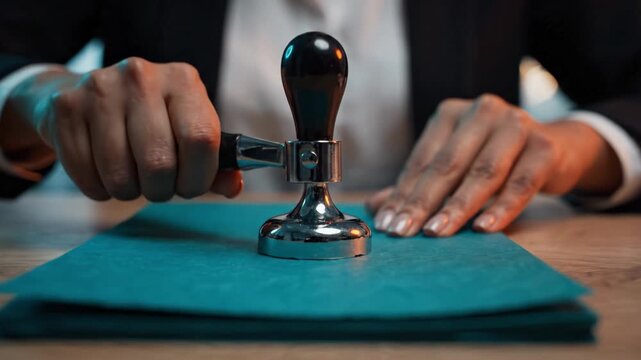 A Professional Individual Seals Important Documents with a Vintage Stamp, Creating a Signature Impression on a Beautiful Teal Folder.