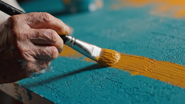 An artist carefully paints vibrant yellow strokes on a textured turquoise canvas, showcasing the delicate interplay of color and technique in the creative process.
