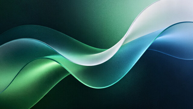 Abstract grainy glassmorphism background with blurred green blue and white frosted glass wavy aura ribbons over premium dark black backdrop design.
