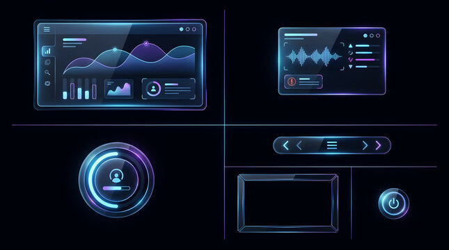 Futuristic HUD Glassmorphism UI Kit with Data Analytics Dashboard, Audio Waveform, and Neon Control Widgets