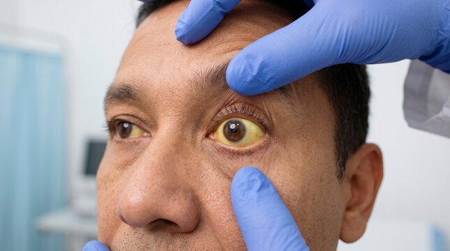 Doctor Examining Male Patient With Jaundice Showing Yellow Skin and Scleral Icterus During Clinical Assessment