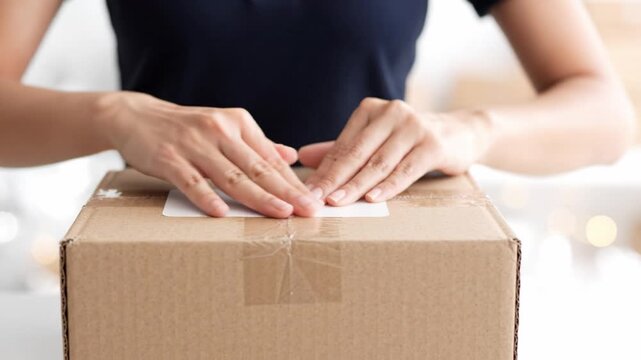 A person holding a package and examining a label in a well-lit environment, capturing the essence of shipping and receiving items with care and attention.