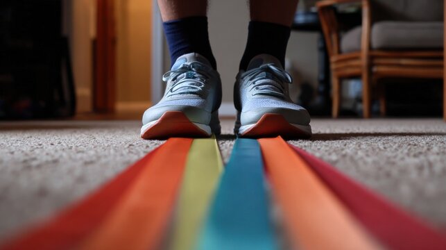 Feet on colorful ribbons on carpet