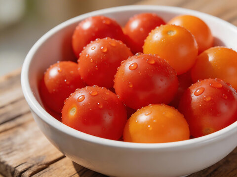 Cherry tomatoes in bowl on wooden surface