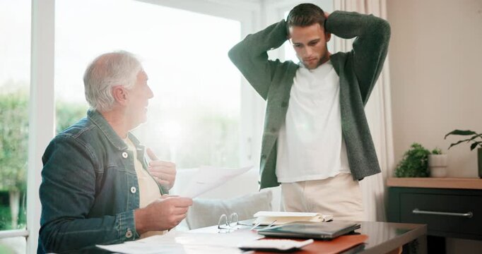 Argument, senior dad or man in home with paper, payment pressure or bankruptcy in financial management. Conflict, old person or adult son with document, missing bill or loss in family debt planning.