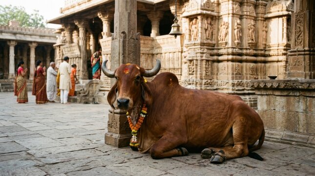 Brown Cow Resting in Historic Temple Courtyard