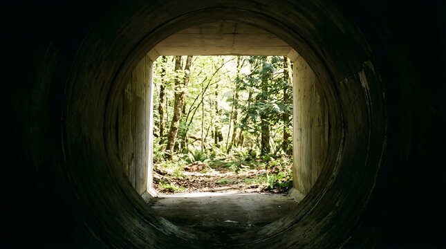 View from inside a dark concrete tunnel looking out into a sunny forest