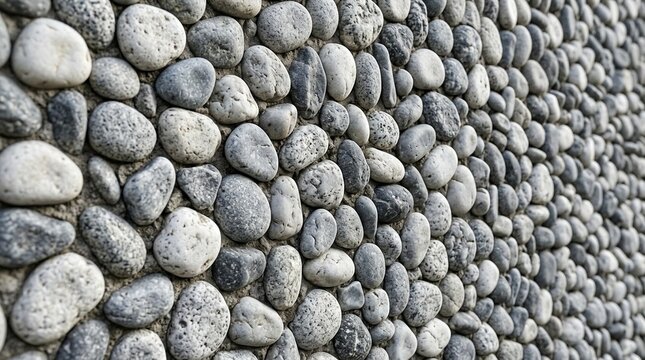 Close-up of a textured cobble stone wall with varying sizes and shades of grey pebbles.
