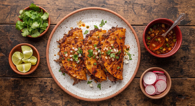 A top-down, artistic flat lay of a plate loaded with three golden birria tacos, flanked by a small bowl of deep red consomm&eacute;, lime wedges, radishes, and bright green cilantro.