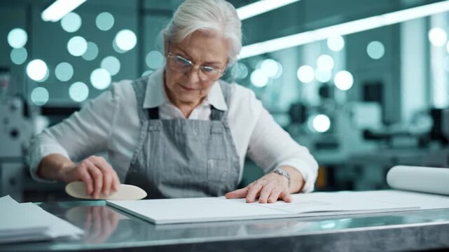 An elderly woman carefully organizes sheets of paper on a table in a well-lit workspace, demonstrating her dedication and skill in a creative art process.