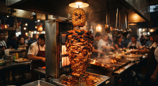 A dramatic, cinematic photograph of a massive, glowing vertical roasting spit (el trompo) covered in stacked marinated pork, with a large pineapple perched precariously on top, glowing under warm ligh