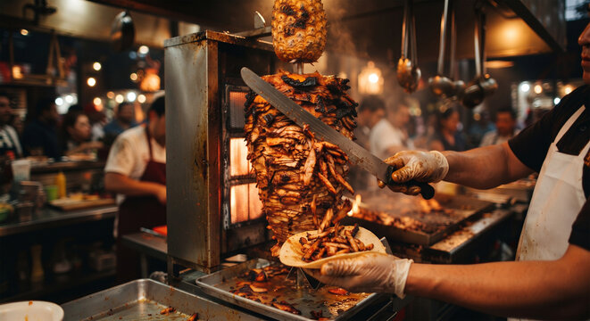 &nbsp;A high-speed, dynamic action shot capturing a taquero&rsquo;s hand expertly slicing thin strips of charred, spiced pork directly from the vertical spit with a large knife, 