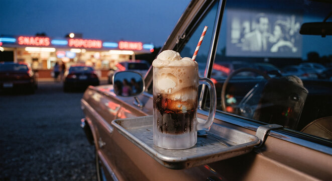 A nostalgic, eye-level shot of a Root Beer Float sitting on a car window tray at a drive-in theater at dusk, with the warm, blurry neon lights of the concession stand reflecting in the glass.