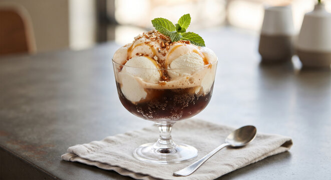 A modern culinary styling photograph of a Root Beer Float served in a stemmed chalice, garnished with a drizzle of caramel syrup, a sprinkle of crushed pretzels, 
