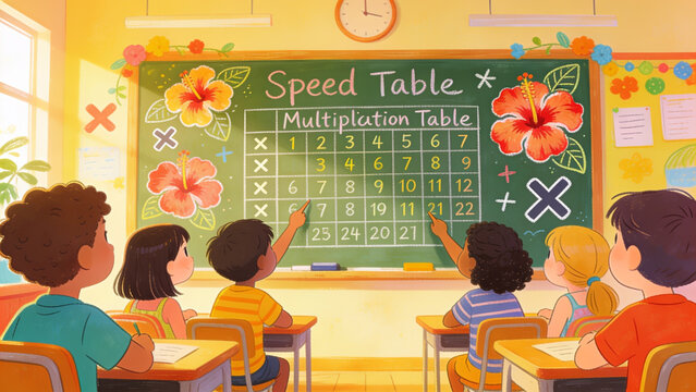 Children Learning Multiplication Table in Bright Classroom with Speed Test Challenge