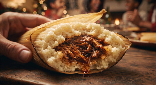A focus-stacked, mouth-watering image capturing a bite taken out of a chicken tamale, showcasing the thick, fluffy layer of masa encasing deeply seasoned, shredded meat.