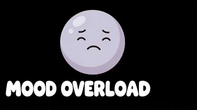 Animated colorful mascot changing emotions with mood overload text