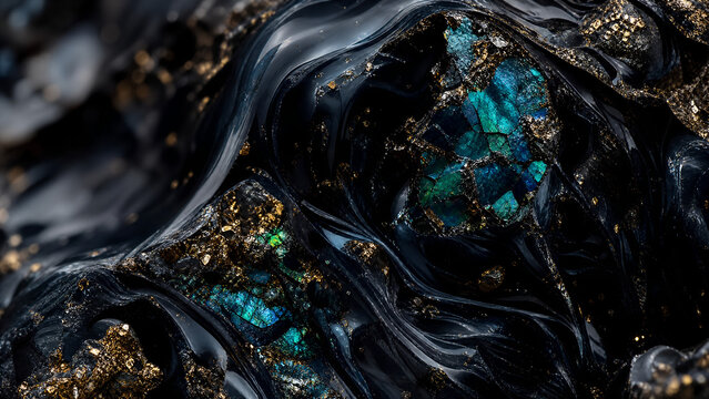 Abstract black obsidian texture with teal crystal veins, dark volcanic rock background, luxury mineral stone surface with gold flecks