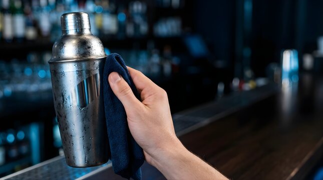 Bartender cleaning a metal cocktail shaker with a blue cloth at a bar