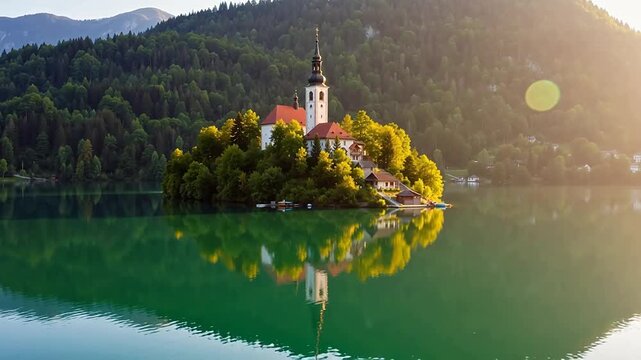 Peaceful Morning at Lake Bled: Church Bell Rings Over Emerald Waters