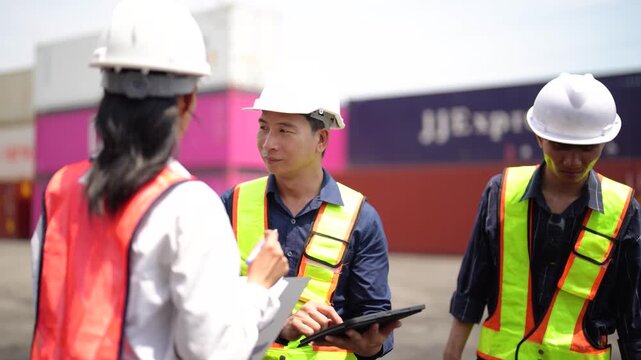 Container yard employee checks shipping containers during routine cargo inspection. Freight operations, inventory control and industrial logistics workflow.