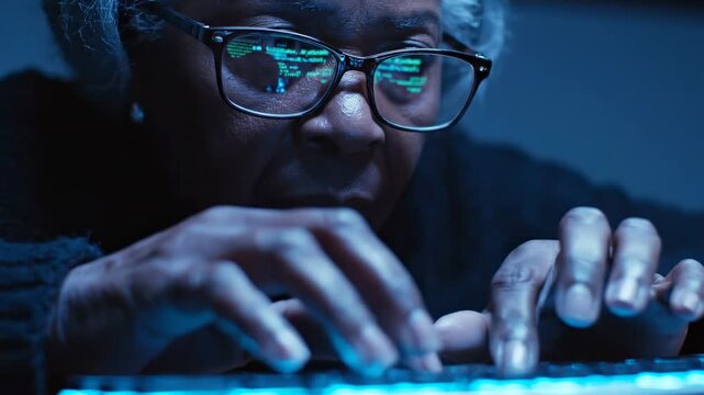 Close up of an elderly person using a computer with blue digital screen reflections in glasses