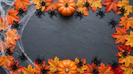 Fototapeta premium Halloween background with pumpkins, spiders, and autumn leaves on a dark slate surface