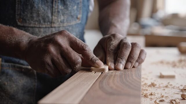 Craftsman Sanding Wood with Expertise, Focused on Perfecting Surface Texture for Fine Carpentry Projects in a Rustic Workshop Setting