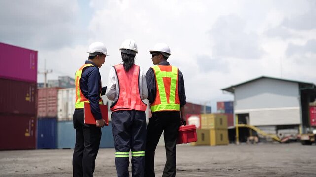 Warehouse logistics specialist checks container storage and freight movement. Industrial operations, shipment monitoring and transportation planning.