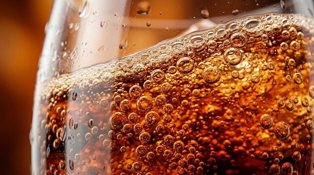 Close-up of fizzy brown soda with ice cubes and bubbles in a glass