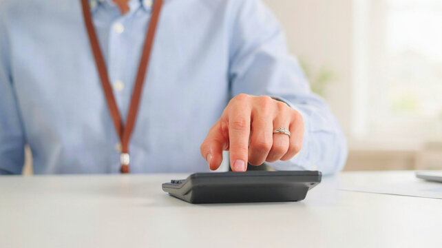 Professional using a calculator on a desk, focused on financial calculations, budgeting, and data entry in an office, symbolizing precise financial management
