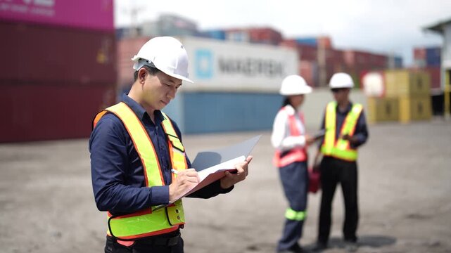 Logistics supervisor points toward container yard while explaining cargo operations to team. Warehouse planning, freight coordination, shipping management and supply chain efficiency.