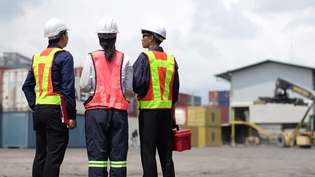 Logistics worker completes container yard inspection during cargo operations. Warehouse management, shipping services, freight transport and supply chain support.