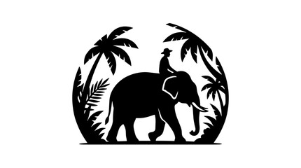 Obraz premium Silhouette of an elephant with a rider in a jungle setting.