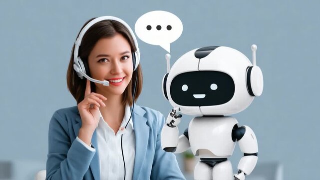 The Future of Customer Service: A friendly female customer service agent wearing a headset stands beside a cheerful robot.