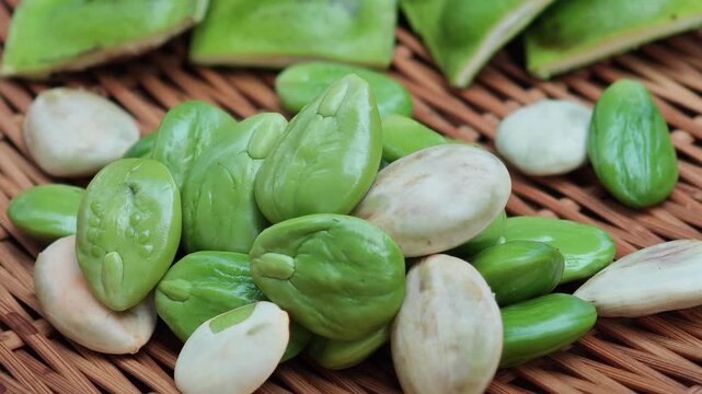Peeled Stink Beans on Bamboo Tray