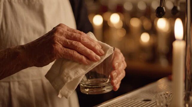 A skilled bartender expertly cleans and serves a glass, showcasing the art of mixology in a warm, inviting setting enhanced by soft candlelight and bar ambiance.