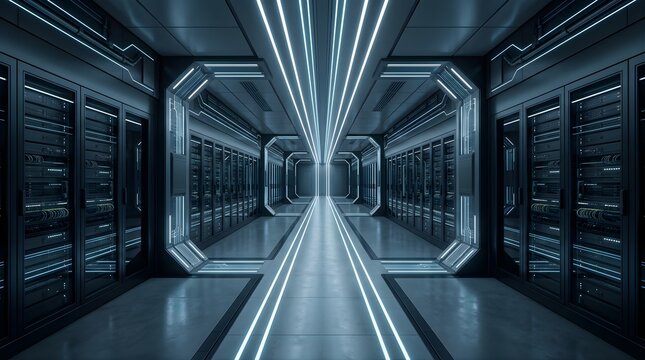 Futuristic Server Room Corridor with Glowing Lights and Data Center Racks
