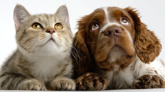 A Loyal Duo: A charming cat and an adorable dog, best friends side by side, look upwards with hopeful expressions, embodying companionship and unwavering loyalty.