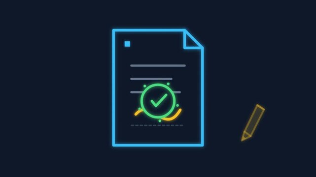 Glowing Neon Document Signing Animation with Green Checkmark Contract Approval